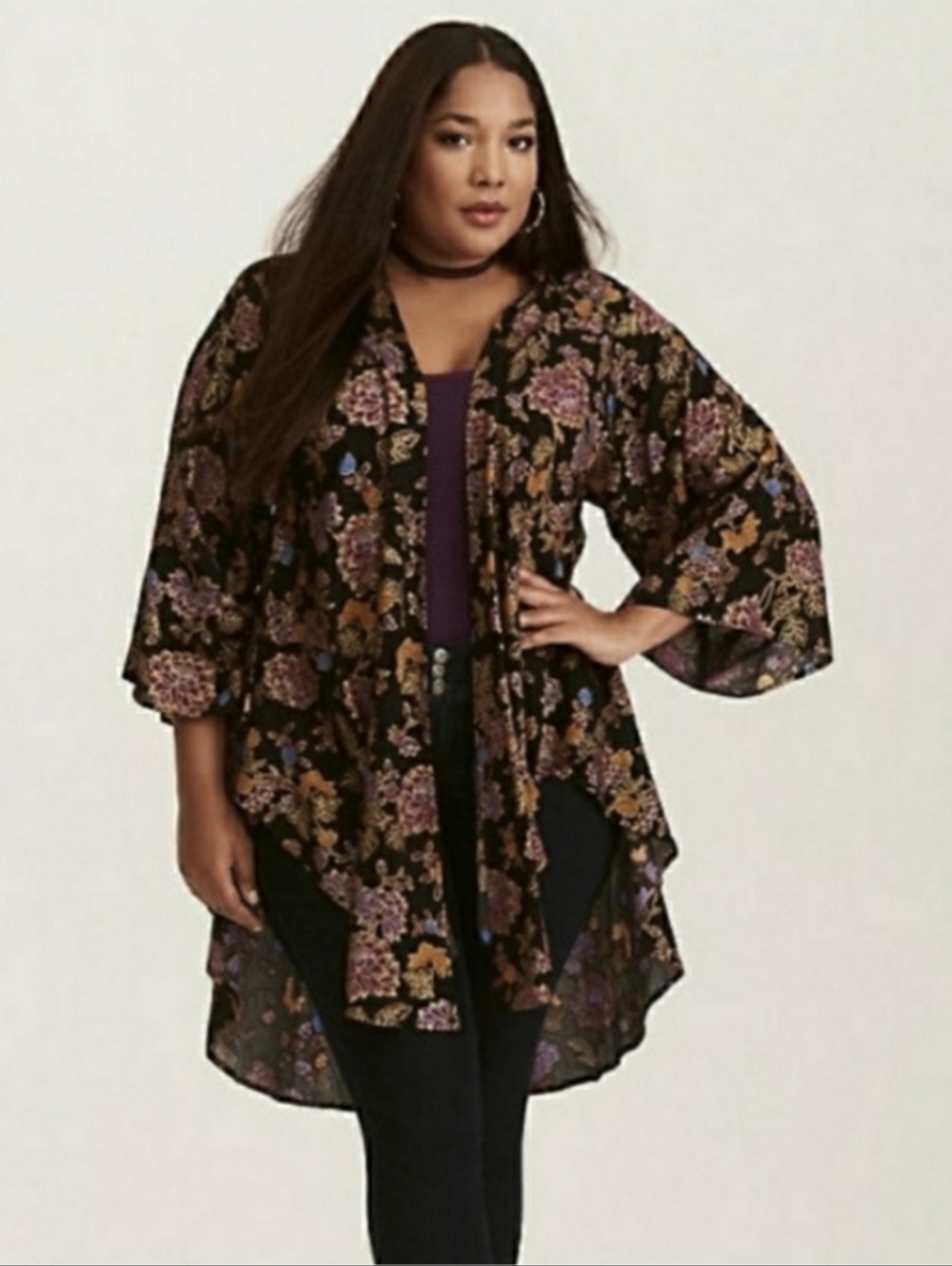 torrid Black Floral Kimono with Purple and Mustard Accents - 1/2